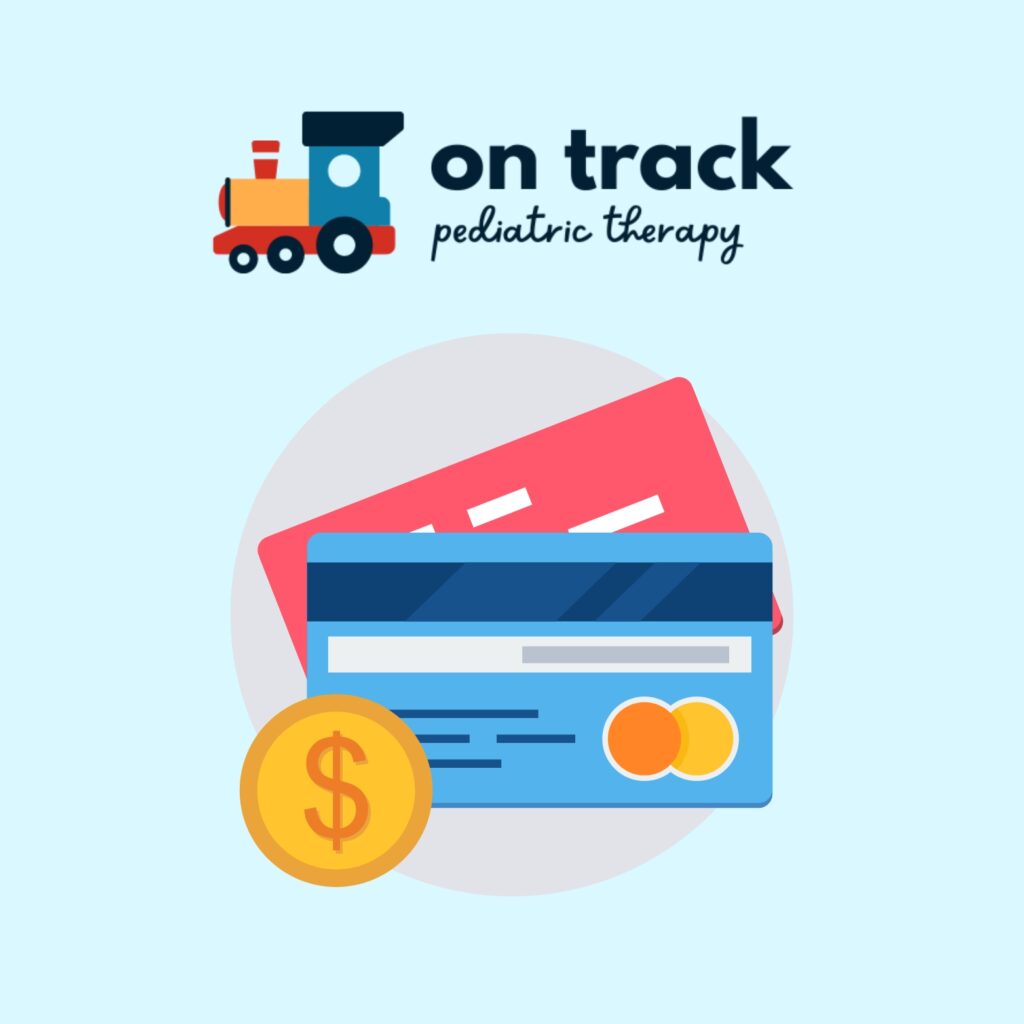 On Track Pediatric Therapy logo next to a credit card image, showing private payment rates for therapy services.