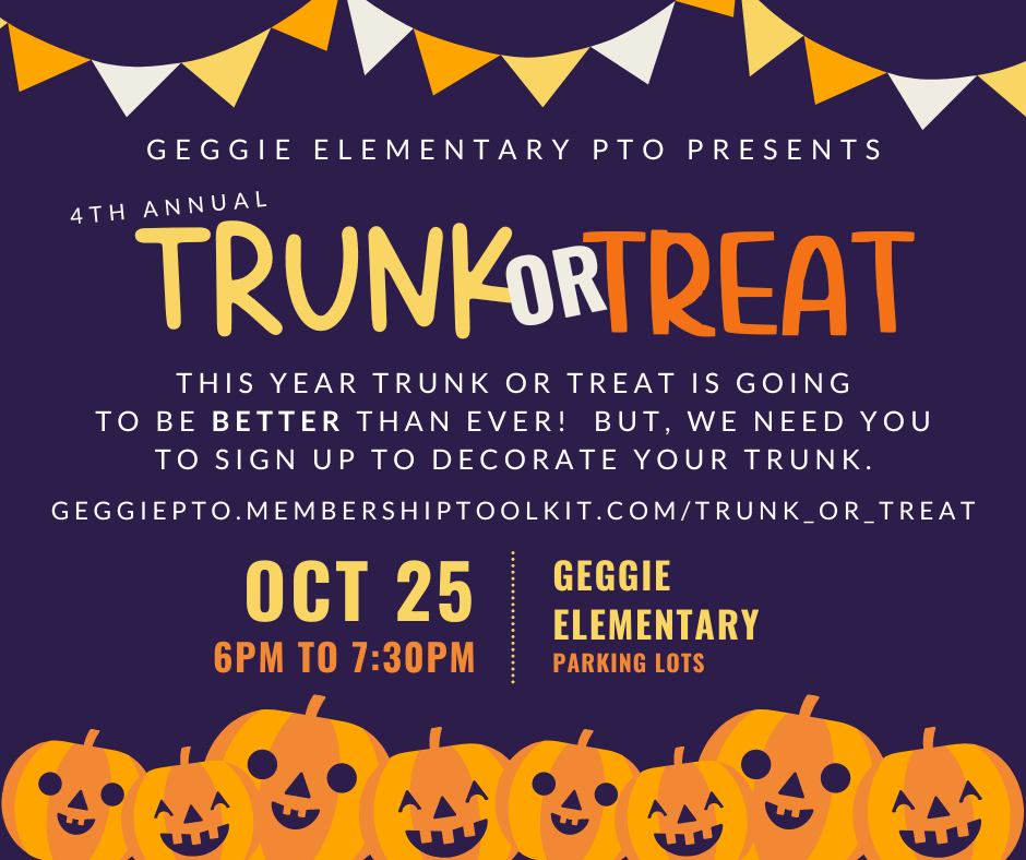 Image promoting the Trunk or Treat event at Geggie Elementary, where On Track Pediatric Therapy will be participating.